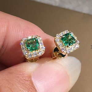💚Simulated Emerald Halo Stud Earrings 925 Silver with Gold Finish,CZ Accents